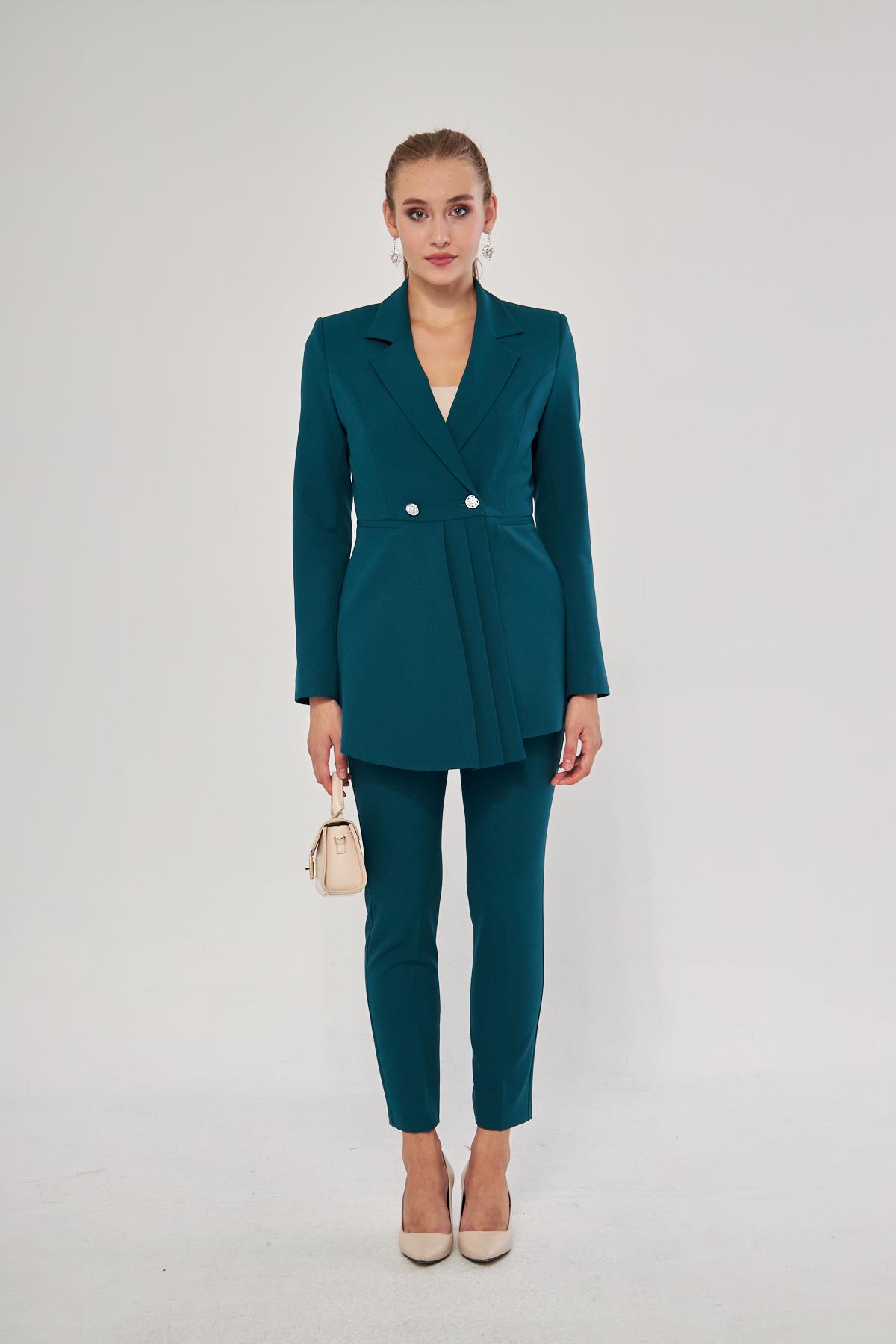 Stone Piping Button Detailed Collar Suit Khaki