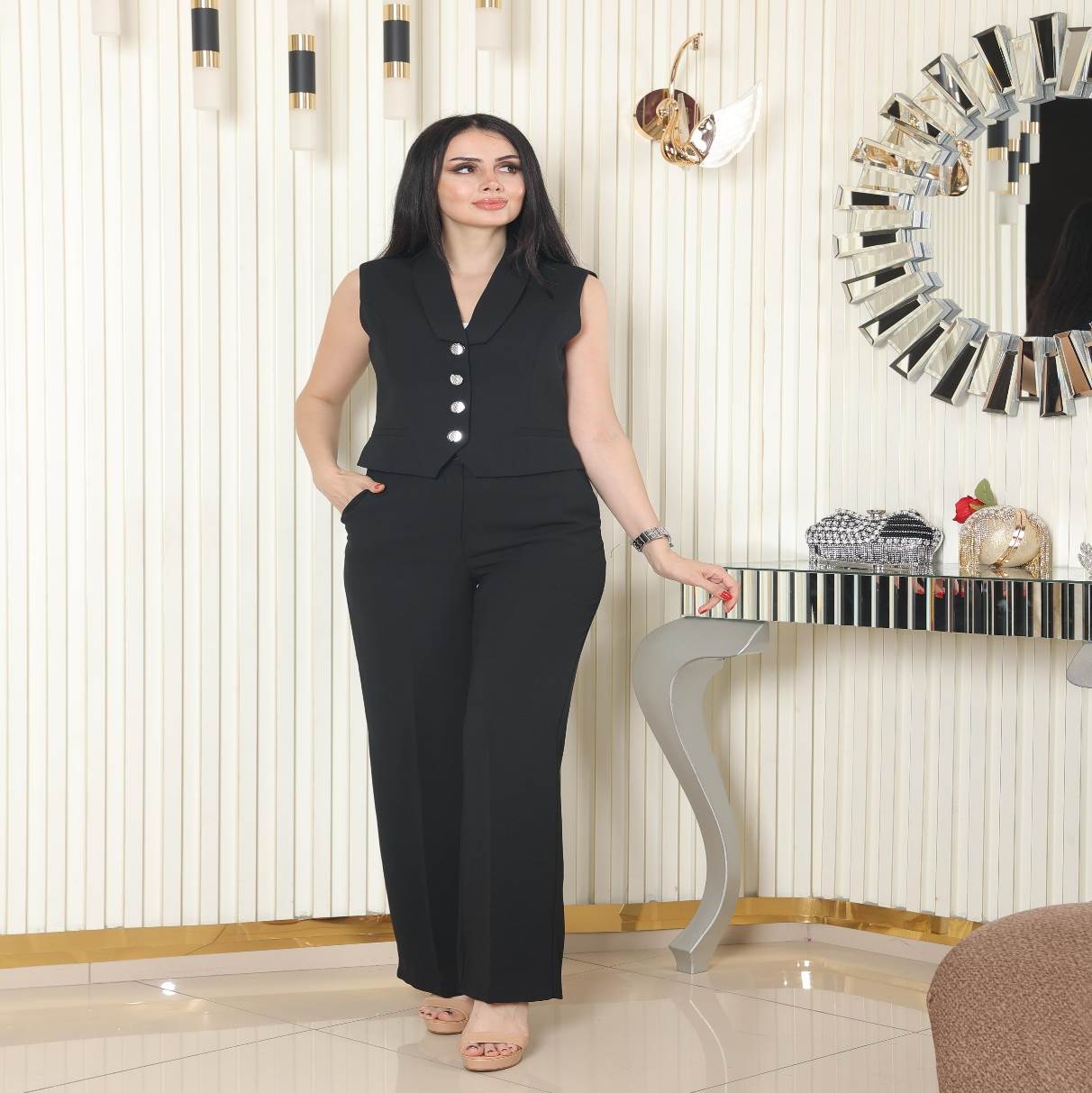 Silver Button Short Vest Suit