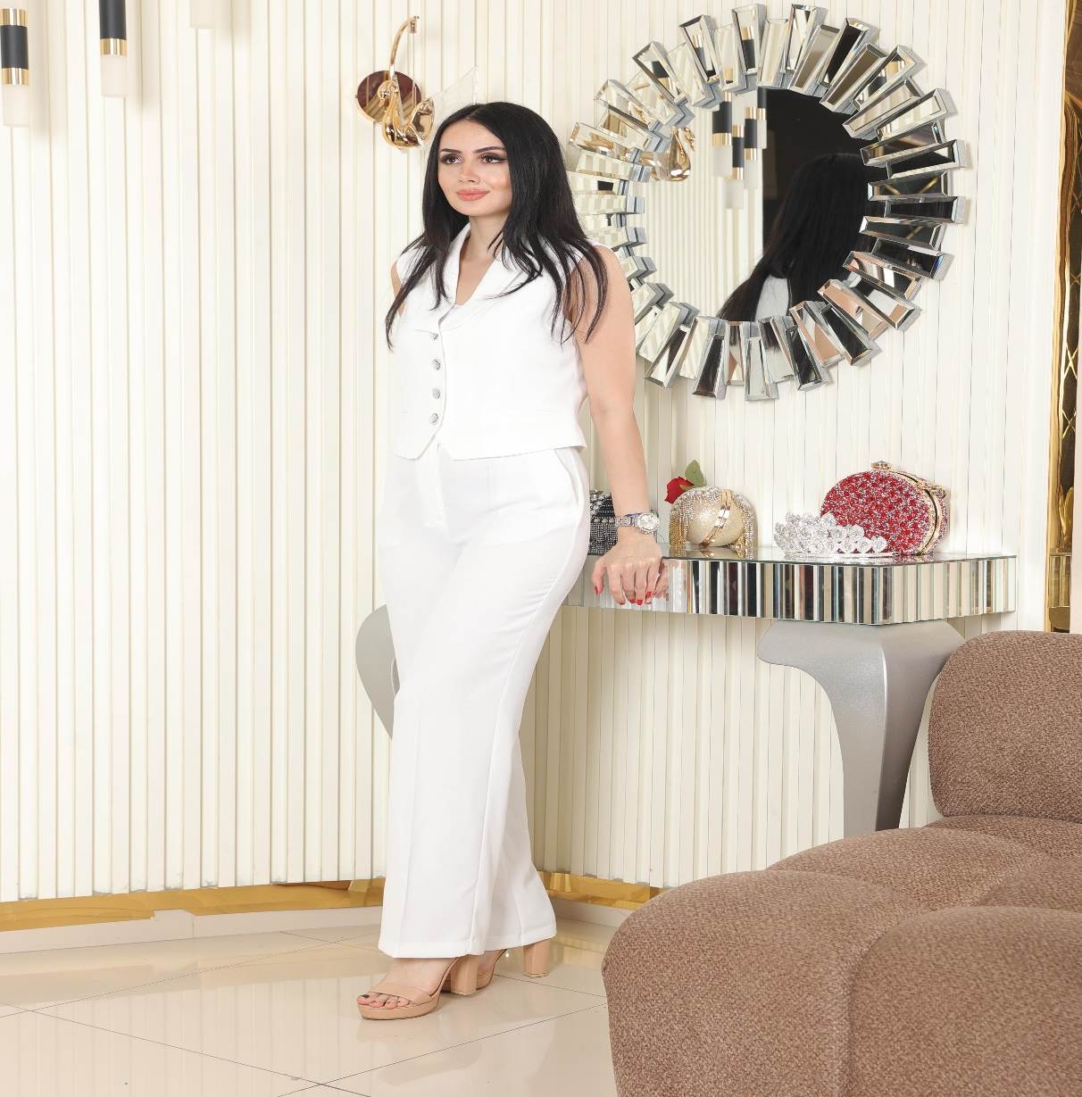 Stone Detail Belted Vest Set